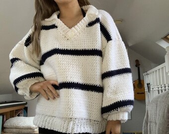 Oversized Striped Crochet Pullover PDF pattern- women crochet pattern- long sleeve- modern crochet- instant PDF download- cozy crochet