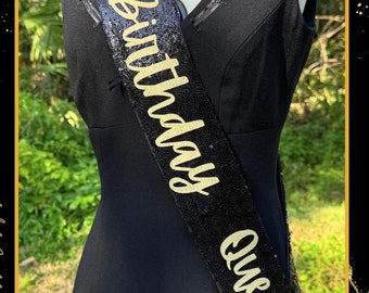 Sash | Birthday Queen Black Sequin Fabric Sash with Gold Satin Bow, custom sash, personalized sash, sparkly sash, blingy sash
