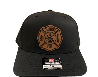 Custom Leather Patch Hat Your Fire Department, Maltese Cross, Richardson 112 Snapback Trucker, Black