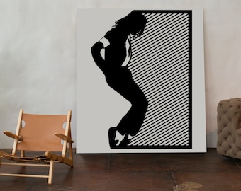 May include: Black and white silhouette of a person dancing against a striped background. The image is printed on a white canvas.