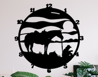 Horse Clock, Cowboy, Animal cut svg dxf file wall sticker pdf silhouette template cnc cutting router digital vector instant download