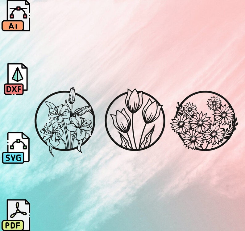 Flowers Home Decor Svg Dxf File Wall Sticker Pdf Silhouette Template ...