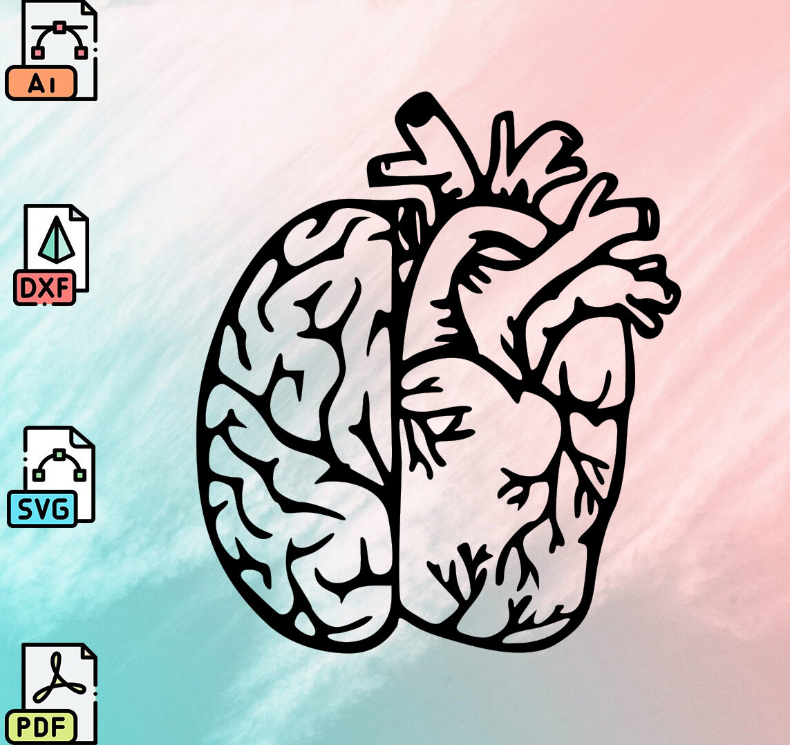 Brain Dxf Heart and Brain Cut Svg Dxf File Wall Sticker Pdf Template Cnc Cutting ...
