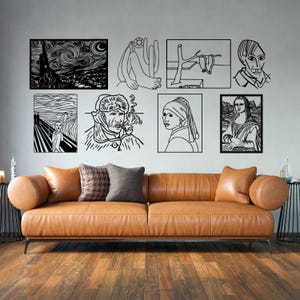 May include: Black metal wall art featuring iconic artworks, including Van Gogh's "Starry Night", "The Scream", and portraits. The collection includes a surrealist piece and a portrait of a woman with a pearl earring. The art is displayed above a brown leather sofa.