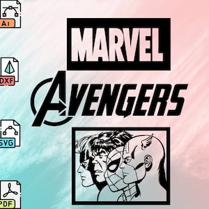 May include: Black and white graphic design featuring the words "MARVEL" and "AVENGERS" in bold, block letters. Below the text are the heads of three superheroes: Captain America, Spider-Man, and a character with a mask and a pointed chin.