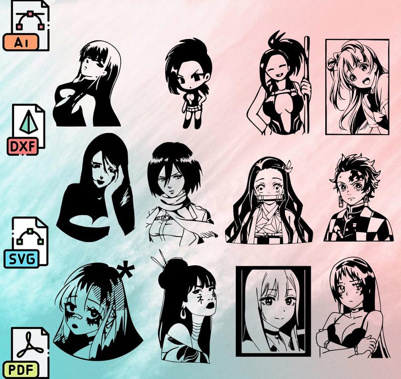 Anime Girls Packet Svg Dxf File Wall Sticker Pdf Template Cnc Cutting ...