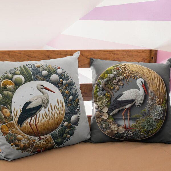 Nature's Harmony Pillow, storks Pillow Set, botanical Art,  lush fields Art, Instant Download