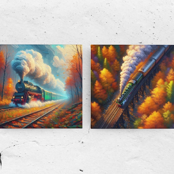 Train Wall Art, Train Lovers Gift, Vintage Train Wall Art, Impasto Wall Art Set of 2  Instant Download