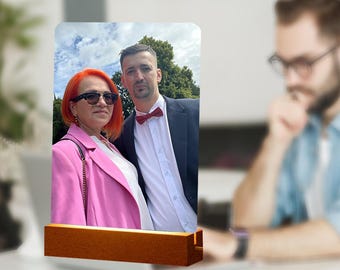 Personalized LED Photo Frame: Custom Acrylic Plaque with Wood Base