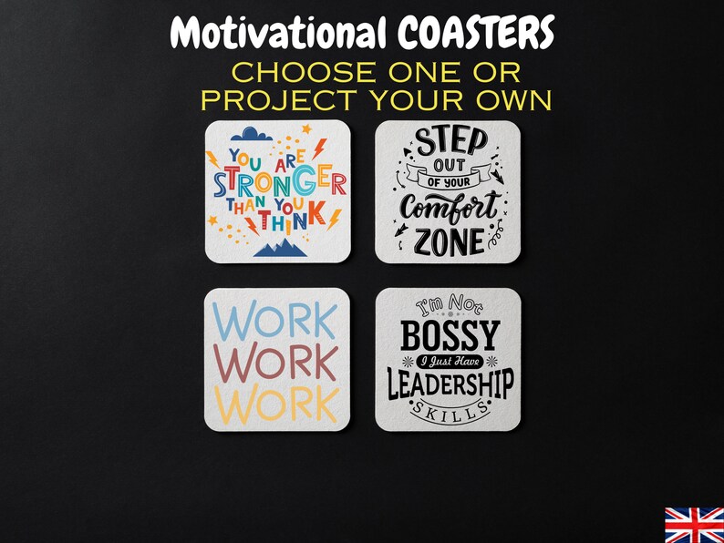 K&ouml;nnte beinhalten: Vier quadratische Untersetzer mit motivierenden Zitaten. Die Untersetzer sind wei&szlig; mit schwarzer Schrift. Die Zitate lauten "You are stronger than you think", "Step out of your comfort zone", "Work Work Work" und "I'm not bossy, I just have leadership skills".