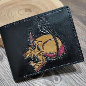 Cartera de piel grabada. Cartera de piel hecha a mano. Cartera de piel única. Cartera plegable para regalo. Cartera plegable delgada. Cartera para hombre. Regalo
