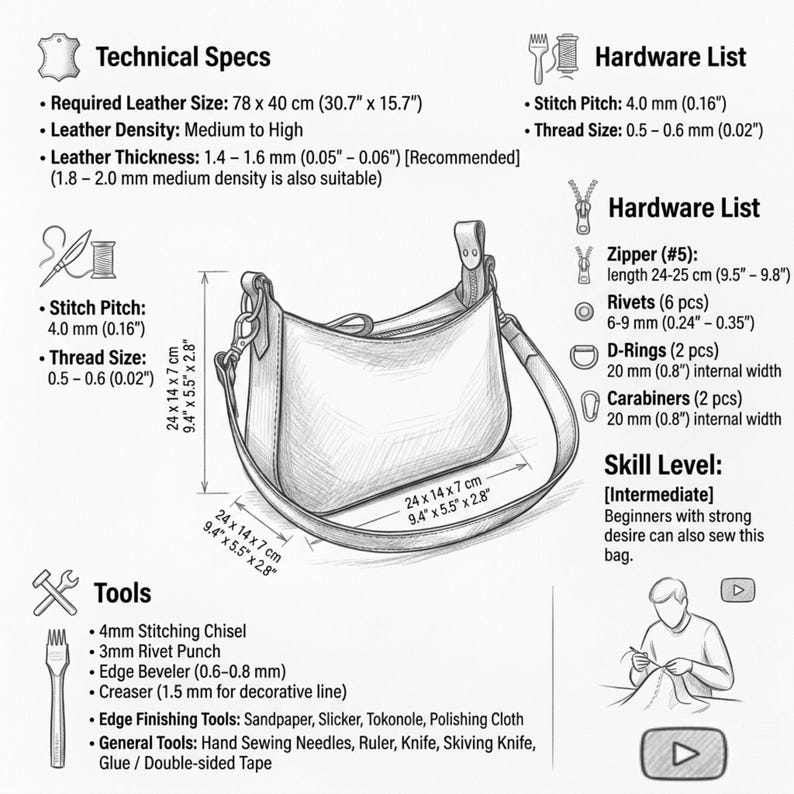 May include: A technical diagram for a leather shoulder bag project, featuring a line drawing of the bag with dimensions of 9.4 x 5.5 x 2.8 inches. The image includes lists for technical specs, hardware, and tools, plus a skill level of intermediate.