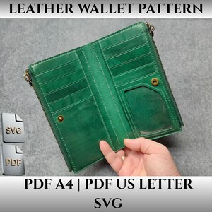 May include: A green leather wallet pattern featuring multiple card slots, a clear ID window, and a metal zipper. The digital file includes SVG, PDF A4, and PDF US Letter formats as indicated by the text labels on the image.