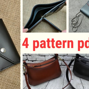Conjunto de 4 patrones de billetera de cuero - Cuero DIY - Descarga de PDF - Conjunto de plantillas de billetera - Video tutorial Conjunto de patrones para hacer cuero de buena calidad