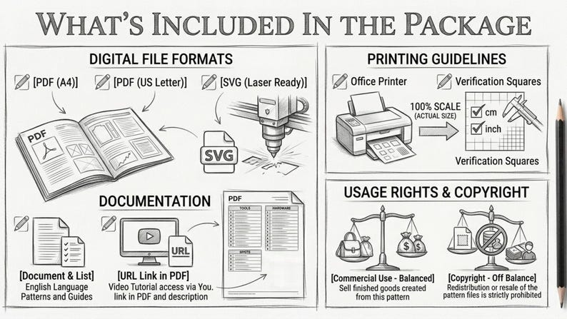 May include: An informational graphic titled WHAT'S INCLUDED IN THE PACKAGE. It details digital file formats like PDF and SVG, printing guidelines with verification squares, documentation including a URL link, and usage rights showing a balance scale.