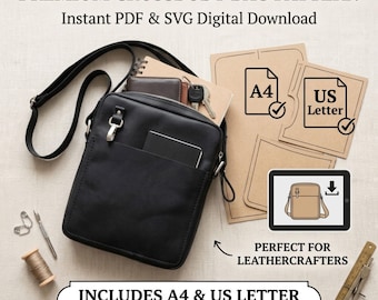 Leather Messenger Bag Pattern, Crossbody Shoulder Bag PDF Template (Digital Download), Leather bag pattern PDF and SVG