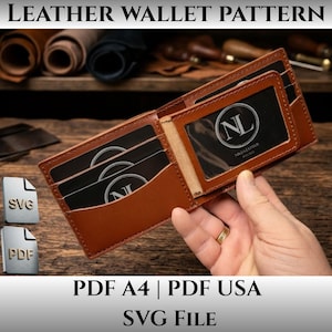 Op de afbeelding: Een bruine leren portemonnee met meerdere kaartsleuven en een doorzichtig ID-venster. De portemonnee bevat zwarte kaarten met het logo NL en de tekst N&U LEATHER EST. 2020. De afbeelding bevat SVG- en PDF-pictogrammen en de tekst LEATHER WALLET PATTERN, PDF A4, PDF USA en SVG File.