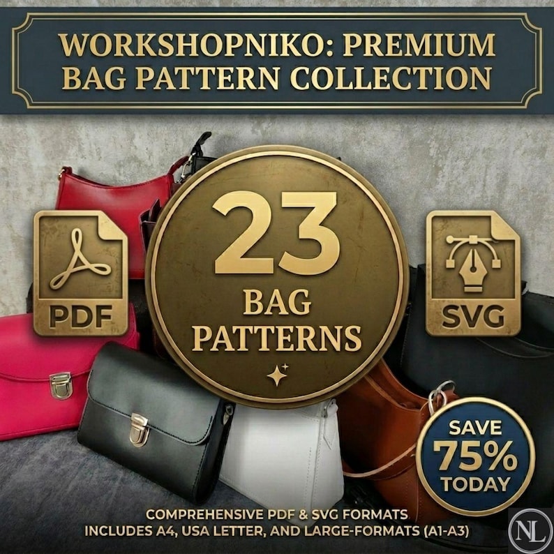 May include: A digital collection of 23 bag patterns by WORKSHOPNIKO, featuring PDF and SVG file icons. The image displays various handbags in red, black, white, and brown, with text overlays indicating format options and a 75% savings offer.