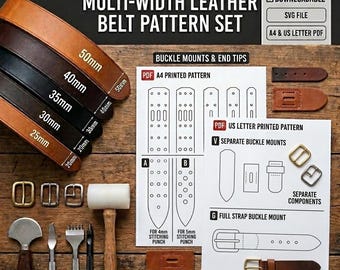 Leather Belt Pattern Set: Multi-Width End Templates, Stitching Options (PDF/SVG)