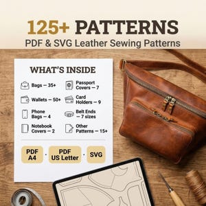 May include: A digital collection of 125+ PDF and SVG leather sewing patterns featuring a list of contents including bags, wallets, phone bags, notebook covers, passport covers, card holders, and belt ends, alongside a brown leather fanny pack.