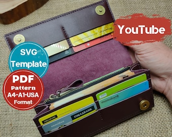 Leather Wallet Pattern PDF, DIY Clutch Sewing Template, Long Purse Pattern for Leathercraft, Minimalist Wallet SVG, Instant Download