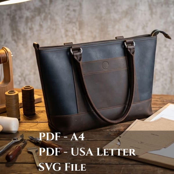 Patrón de bolso tote: Plantilla de bolso shopper de cuero (PDF/SVG), Patrón de bolso de cuero, Plantilla de bolso de mano, Bolso de trabajo de cuero en PDF y SVG