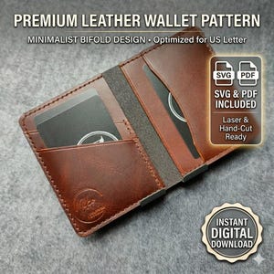 May include: A brown leather wallet pattern with the text "PREMIUM LEATHER WALLET PATTERN" and "MINIMALIST BIFOLD DESIGN". The wallet design is optimized for US Letter size. Includes SVG and PDF files, ready for laser and hand-cut. Instant digital download.