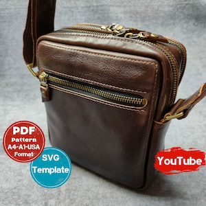 Könnte beinhalten: Eine braune Leder-Umhängetasche mit mehreren Reißverschlussfächern und einem Schultergurt. Die Tasche hat eine rechteckige Form mit sichtbaren Nähten und Metallbeschlägen. Das Bild enthält auch den Text "PDF Pattern A4-A1-USA Format", "SVG Template" und "YouTube".
