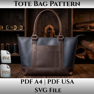 May include: A tote bag pattern featuring a dark blue and brown leather tote bag with two handles, a front pocket, and a circular logo. The image includes two file icons labeled SVG and PDF, with text reading TOTE BAG PATTERN, PDF A4, PDF USA, and SVG File.