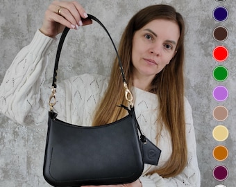 Minimalist Leather Baguette Bag, Small Shoulder Purse, Handmade Custom Strap
