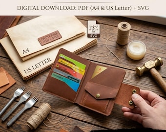 Leather Mens Bifold Wallet Pattern, Large Document Zipper PDF SVG (Digital Download)