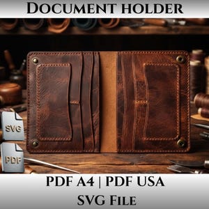 May include: A brown leather document holder featuring multiple interior card slots and pockets, secured with metal snaps at the corners. The item is displayed with digital file icons labeled SVG and PDF, with text reading DOCUMENT HOLDER, PDF A4, PDF USA, and SVG File.