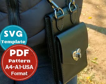 Leather phone bag pattern, shoulder bag pattern, crossbody bag pattern, phone case template, canvas phone bag, phone bag mockup, svg bag pdf