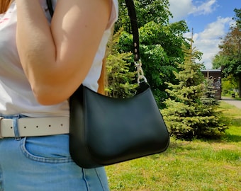 Leather Baguette Bag Black, Leather Shoulder Bag, Women