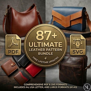 Puede incluir: Imagen que muestra un paquete de patrones de cuero con varias bolsas y carteras de cuero. El gráfico central dice "87+ ULTIMATE LEATHER PATTERN BUNDLE" con "FREE LIFETIME UPDATES". Incluye formatos PDF y SVG, A4, USA Letter y formatos grandes (A1-A3).