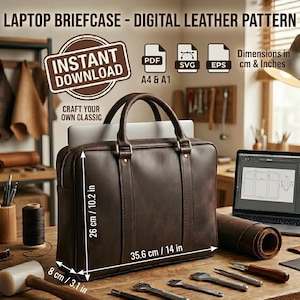 Pode incluir: Um padrão digital de pasta de couro para portátil com o texto LAPTOP BRIEFCASE - DIGITAL LEATHER PATTERN e INSTANT DOWNLOAD. As dimensões são 26 cm / 10,2 polegadas de altura, 35,6 cm / 14 polegadas de largura e 8 cm / 3,1 polegadas de profundidade.