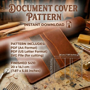 Puede incluir: Un patrón de cubierta de documento de cuero marrón con el texto "DOCUMENT COVER PATTERN INSTANT DOWNLOAD". El patrón incluye archivos PDF (formatos A4 y US Letter) y SVG. Tamaño final: 20 x 14,1 cm.