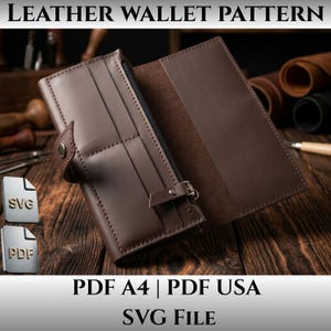 May include: A brown leather wallet featuring multiple card slots, a zippered compartment with a metal pull, and a snap button closure. The image includes text labels reading LEATHER WALLET PATTERN, PDF A4, PDF USA, and SVG File, with SVG and PDF icons.
