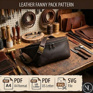 Puede incluir: Una riñonera de cuero marrón oscuro con hebilla de tono latón y cremalleras dobles, sobre un banco de trabajo con herramientas de cuero, carretes de hilo y retazos de cuero. La imagen incluye el texto LEATHER FANNY PACK PATTERN.
