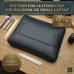 May include: Black leather laptop case with a zipper closure. The image includes tools for leatherwork, such as needles, a ruler, and a bone folder. Text on the image reads "PATTERN FOR LEATHER CASE FOR MACBOOK OR SMALL LAPTOP" and "INSTANT DOWNLOAD".