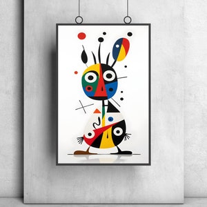 May include: Abstract art print featuring a colorful, stylized figure with a black, white, red, yellow, blue, and green color scheme. The figure has a large head with two eyes and a small mouth. The figure is standing on two legs and has a small, round body.