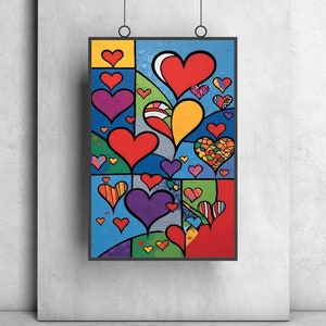 May include: A colorful abstract painting featuring a variety of hearts in different colors, sizes, and patterns. The hearts are arranged in a geometric pattern on a blue background.