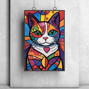May include: A framed, colorful cat portrait. The artwork features a stylized cat with a white face, green eyes, and a pink nose. The cat's fur is a mosaic of bright colors, including orange, blue, yellow, and purple. A pink heart is on the cat's chest.