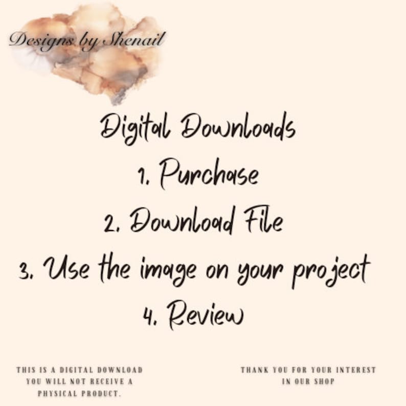 Pu&ograve; includere: Grafica per download digitale con istruzioni: Acquista, Scarica il file, Usa l'immagine sul tuo progetto e Rivedi. Il testo "Designs by Shenail" &egrave; in alto. Lo sfondo &egrave; di colore pesca chiaro.