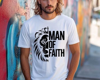 Man of Faith Crowned Lion PNG Design Bold Christian Men Digital Graphic Instant Download