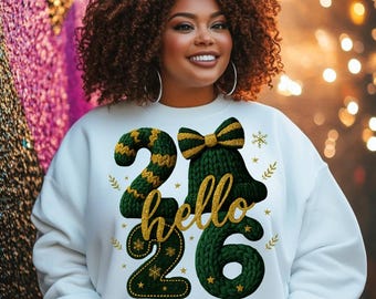Hallo 2026 PNG | Gemütliches Strick-Neujahrs-Design | Zahlen Feiertage Grün Gold | Sublimationsdruck DTF | Sofortiger digitaler Download