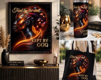 May include: A framed wall art print, a stainless steel tumbler, and a black tote bag, each featuring a profile illustration of a person with glowing orange and red hair, with the text "Tried by the devil... KEPT BY GOD".