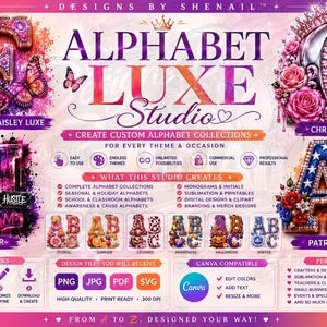 Pode incluir: Designs de alfabeto digital para vários temas, incluindo Paisley Luxe, Streetwear, Chrome Glam e Patriótico. Os designs são compatíveis com Canva e incluem opções para sublimação, imprimíveis e clip art digital.