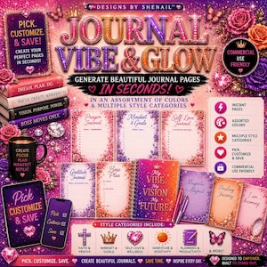 以下が含まれることがあります： Journal Vibe & Glowというタイトルのデジタル製品広告。ジャーナルページのテンプレート、スパイラルノート、黒いマグカップ、スマートフォンが配置されています。花柄のアクセント、ダイヤモンドのグラフィック、カスタマイズに関するテキストが含まれています。
