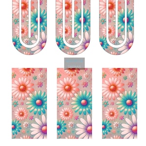 Peut inclure: Des trombones et des autocollants pour ongles à motifs floraux. Les trombones sont en forme de U et les autocollants sont rectangulaires. Les motifs présentent de grandes et petites marguerites roses, oranges, turquoise et violettes sur fond neutre.